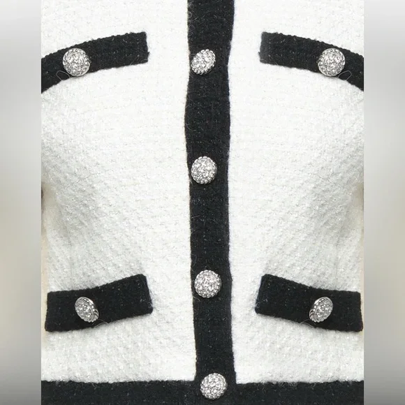 KAOS Made in Italy Black & White Tweed Jacket Rhinestone Buttons Parisian Style - Picture 3 of 11